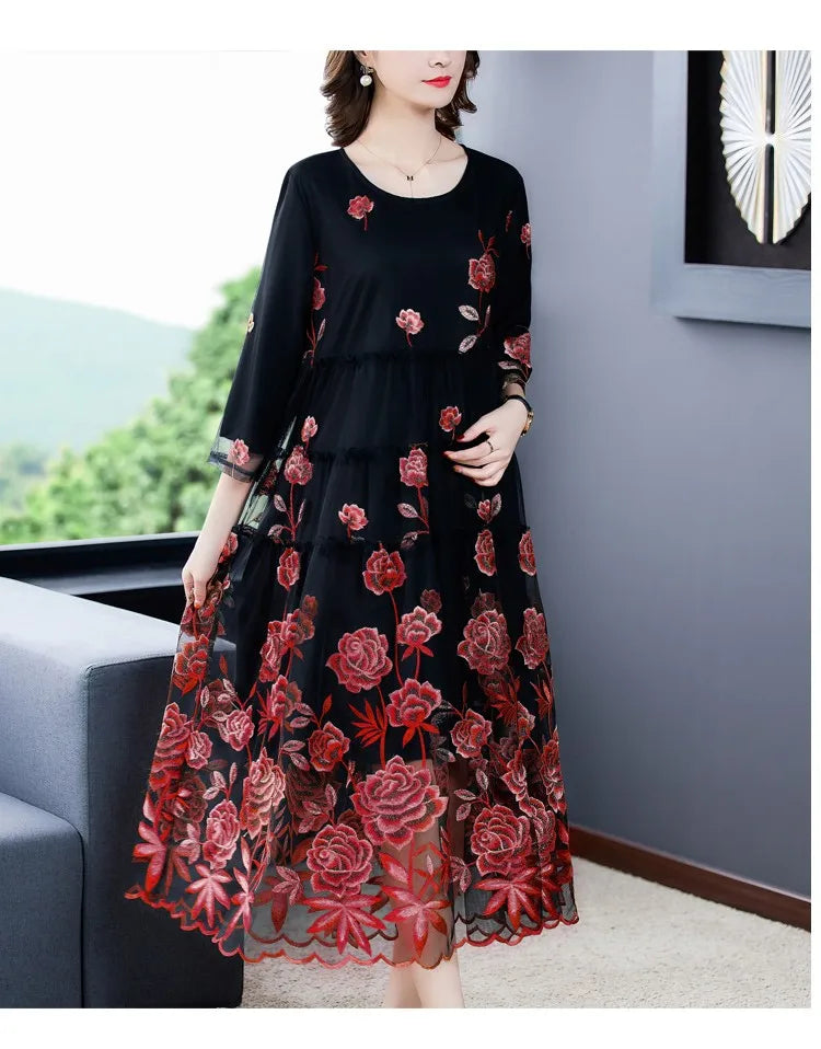 Chic Mesh Embroidered Dress 2024 Spring Autumn New Women's High-End A-Line Dress Flower Party Femme Vestidos y1421 Mood Royal