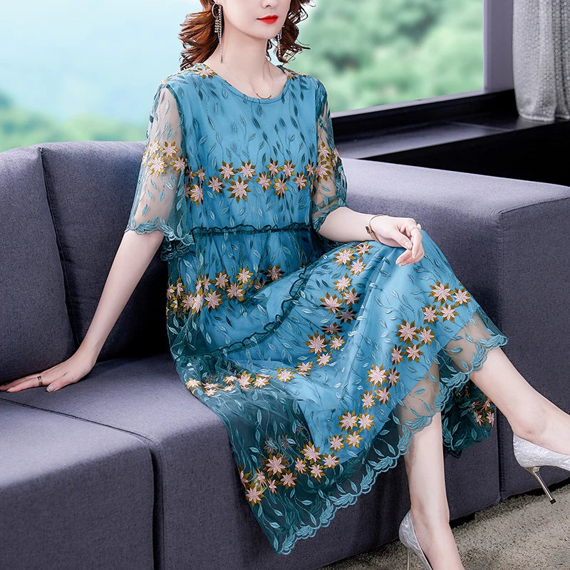 Women Blue Silk Embroidery Casual Long Dress Summer Boho Elegant Loose Luxury Dress 2024 Korean Fashion New Features of Dresses Mood Royal