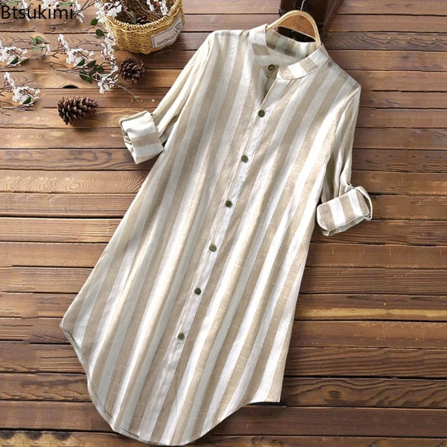 Spring New Women's Long-sleeved Cotton Linen Shirt Dress Fashion Stripe Print Loose Casual Button Blouse Ladies Mid-length Shirt Mood Royal