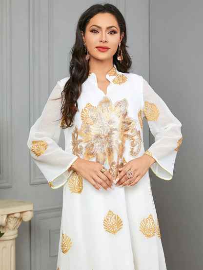 Gold Embroidery White V Neck Kaftan My Store