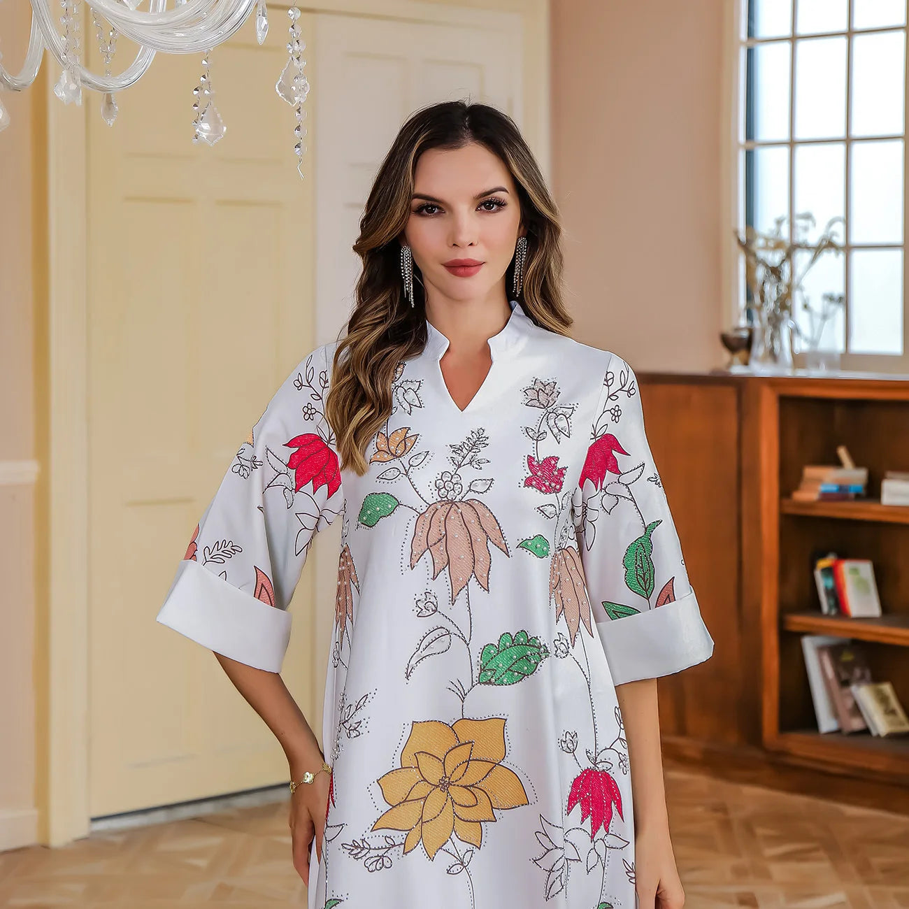 Floral Printed V Neck Kaftan My Store