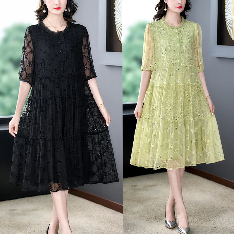 Green Silk Embroidery Luxury Long Dress Summer Elegant Chic Ruffled Collar Dress Women Kroean Fashion Loose Party Vestidos Mood Royal