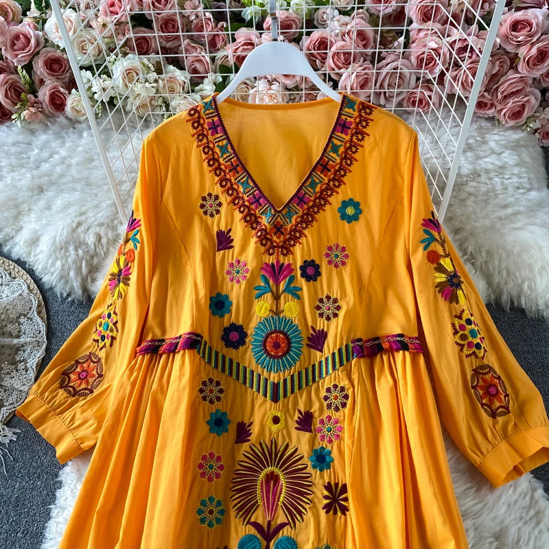 Limiguyue Bohemian Ethnic Embroidery Long Dress Cotton V-Neck Beach A-Line Loose Spring Summer Beach Boho dresses Vestidos U305 Mood Royal