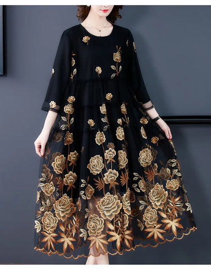 Chic Mesh Embroidered Dress 2024 Spring Autumn New Women's High-End A-Line Dress Flower Party Femme Vestidos y1421 Mood Royal