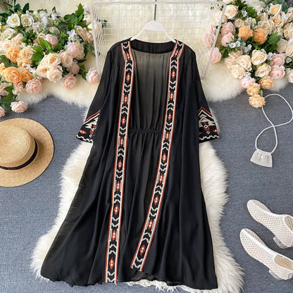 TEELYNN Boho Floral Embroidery Loose Cover-Ups for Women Casual Deep V Long Sleeve Kimono Dress Summer 2022 Beach Wear Robe Mood Royal