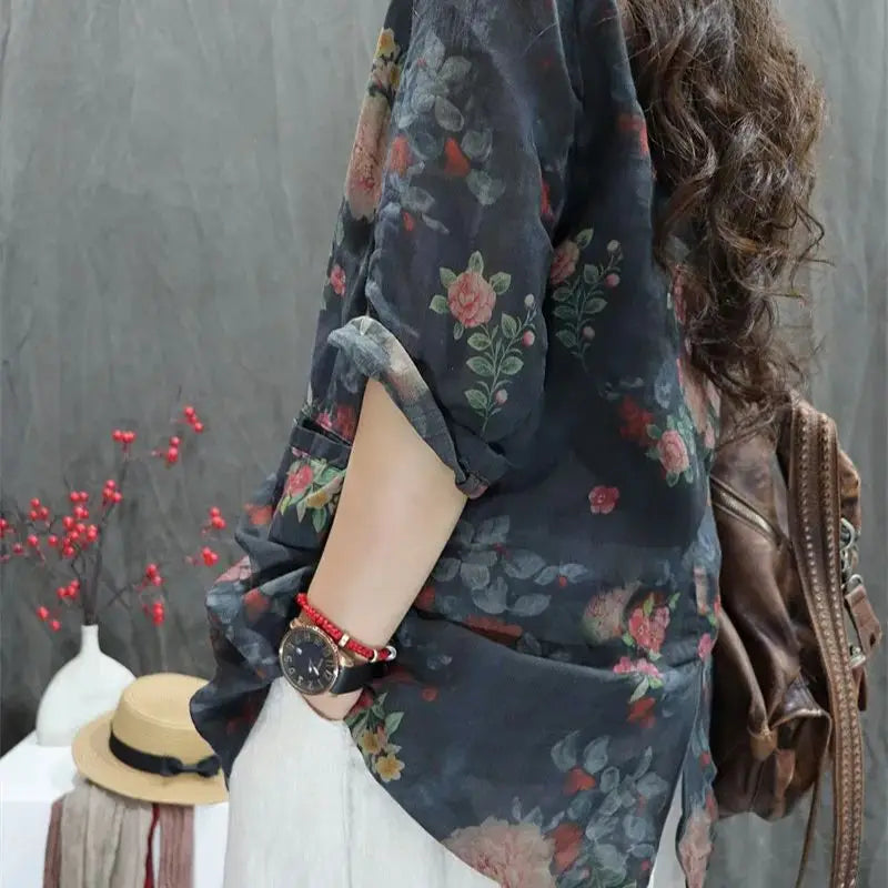 Limiguyue Summer Cotton Ramie Blouse 3/4 Sleeve Vintage Floral Printed Shirts Coat Loose Pocket Women Tops Causal Versatile F465 Mood Royal