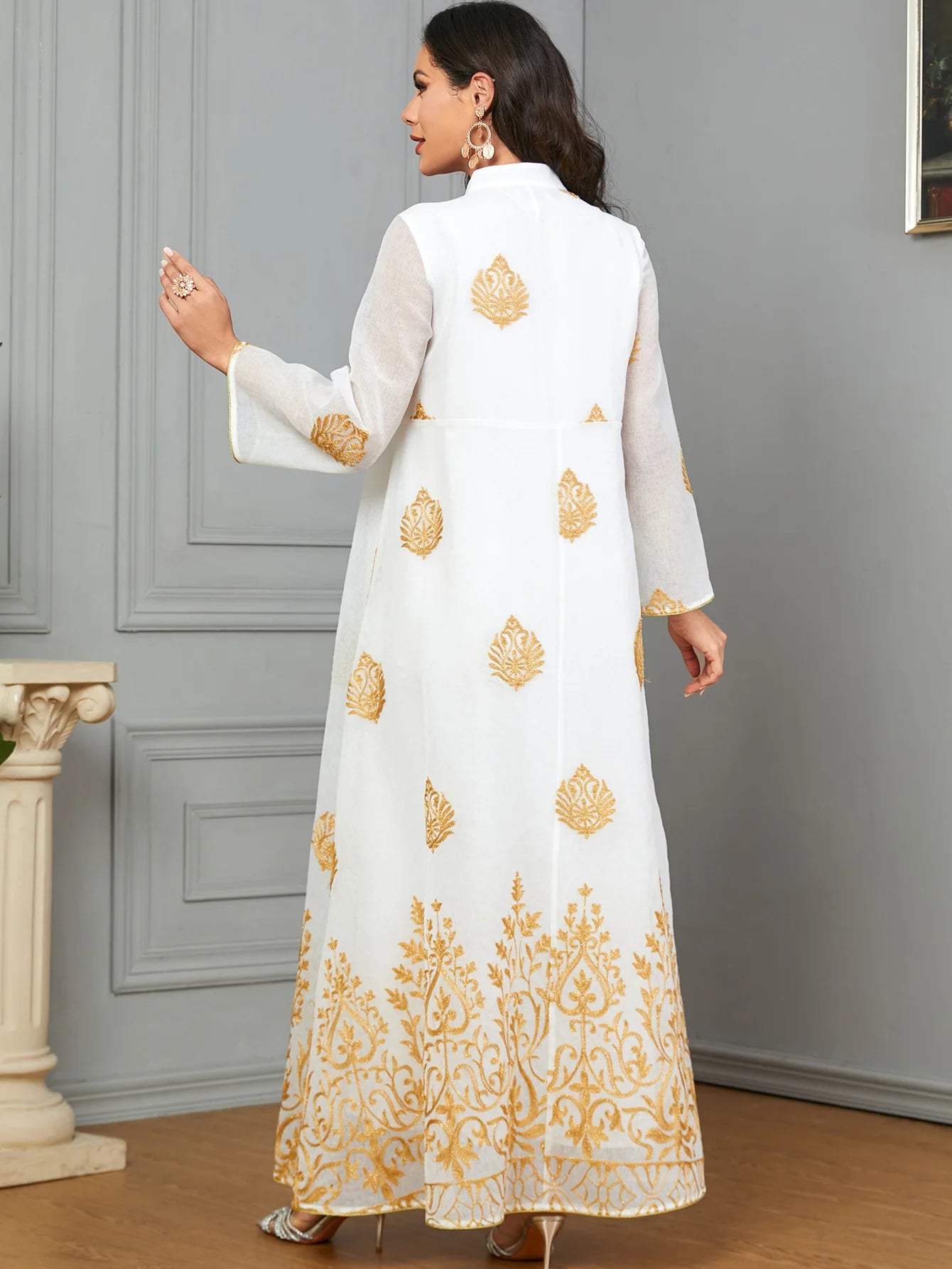 Gold Embroidery White V Neck Kaftan My Store