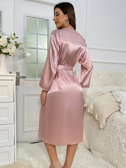 Summer sexy imitation silk robe women long sleeve long lace-up bathrobe dressing gown fashion casual home wear Mood Royal