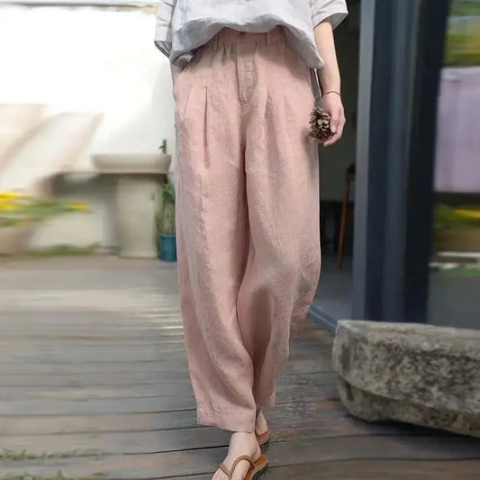 Vintage Elegant Cotton and Linen Solid Color High Waist Pants My Store