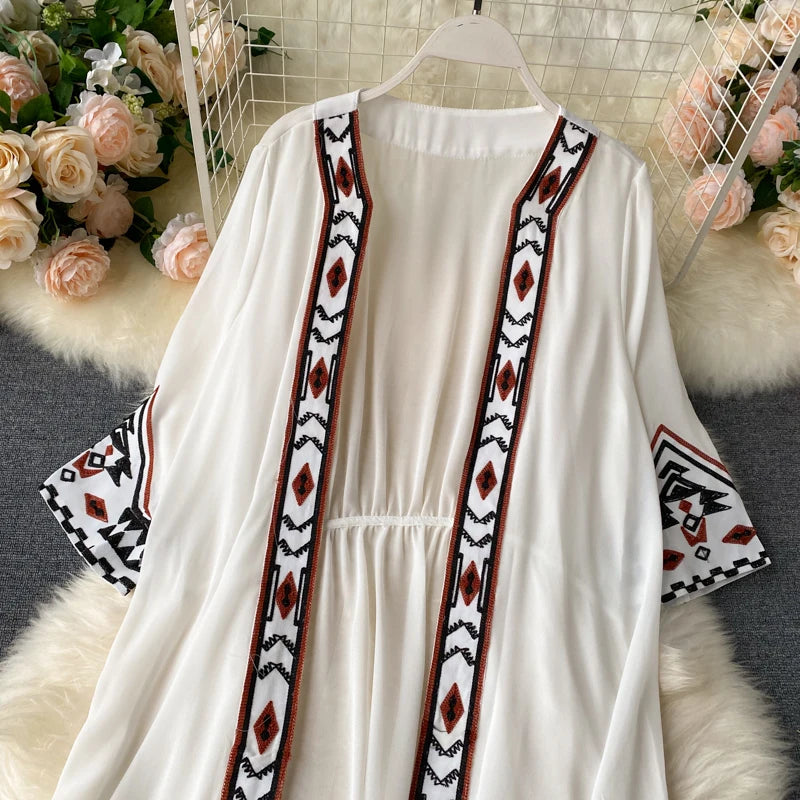 TEELYNN Boho Floral Embroidery Loose Cover-Ups for Women Casual Deep V Long Sleeve Kimono Dress Summer 2022 Beach Wear Robe Mood Royal