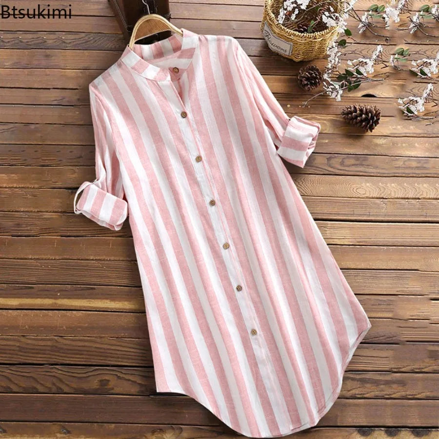 Spring New Women's Long-sleeved Cotton Linen Shirt Dress Fashion Stripe Print Loose Casual Button Blouse Ladies Mid-length Shirt Mood Royal