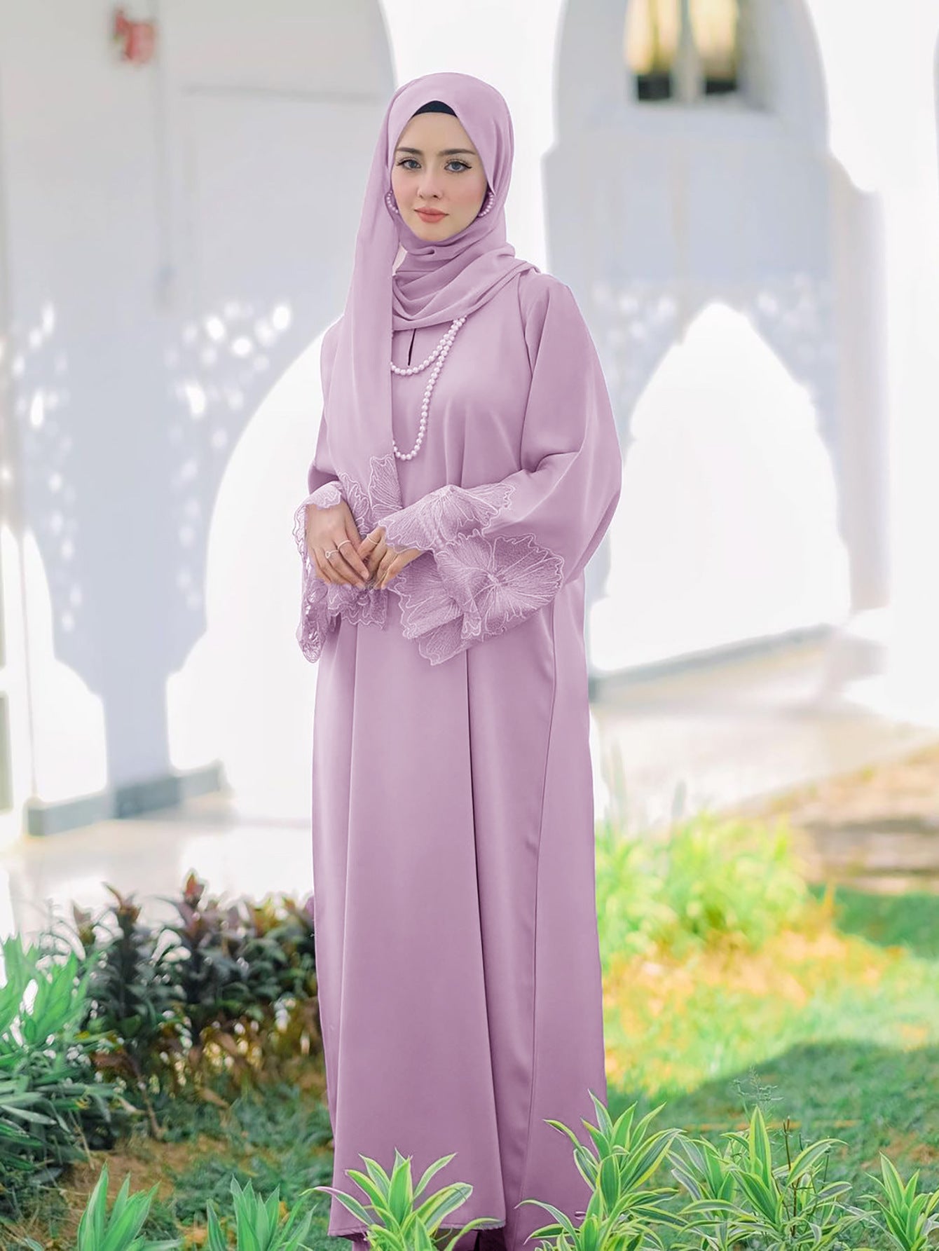 Lace Embroidery Sleeve Plain Abaya with Scarf My Store