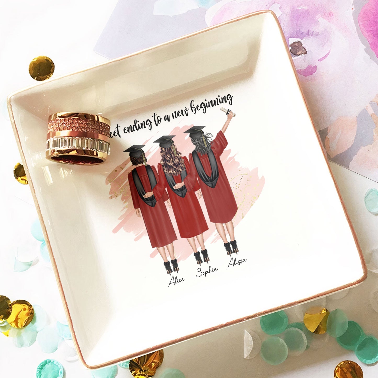 Personalized ceramic jewelry dish with graduation quote, elegant gold rim, perfect graduation gift.