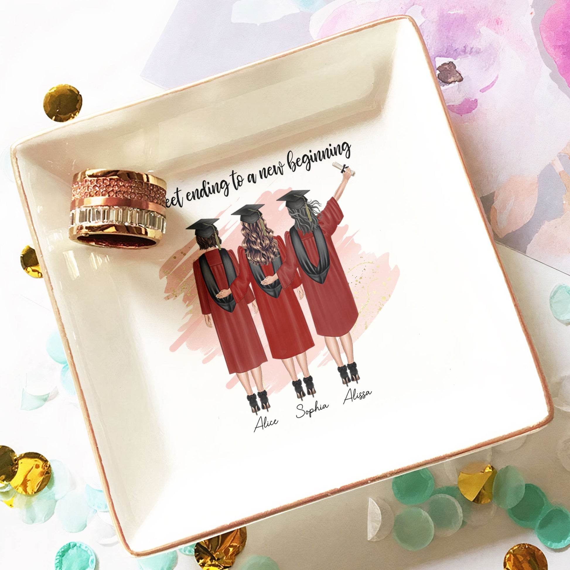 Personalized ceramic jewelry dish with graduation quote, elegant gold rim, perfect graduation gift.