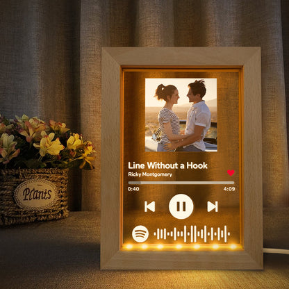 Custom Spotify Code Music Art Picture Frame Night Light Gift, personalized with photo and song code.