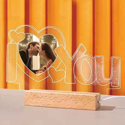 Personalized I Love You Photo Night Light - Acrylic Lamp with wooden base