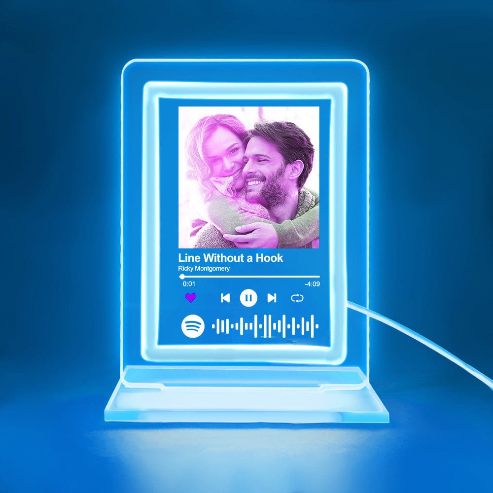 Personalized Spotify Night Light with photo display and music controls. Blue LED acrylic plaque, romantic gift for couples.