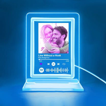 Personalized Spotify Night Light with photo display and music controls. Blue LED acrylic plaque, romantic gift for couples.