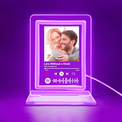 Custom Spotify Night Light with Photo and Song - Acrylic Plaque, purple glow, romantic gift for couples.