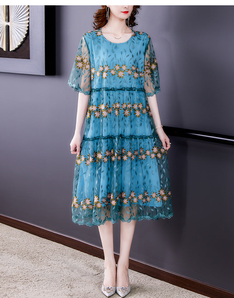 Women Blue Silk Embroidery Casual Long Dress Summer Boho Elegant Loose Luxury Dress 2024 Korean Fashion New Features of Dresses Mood Royal