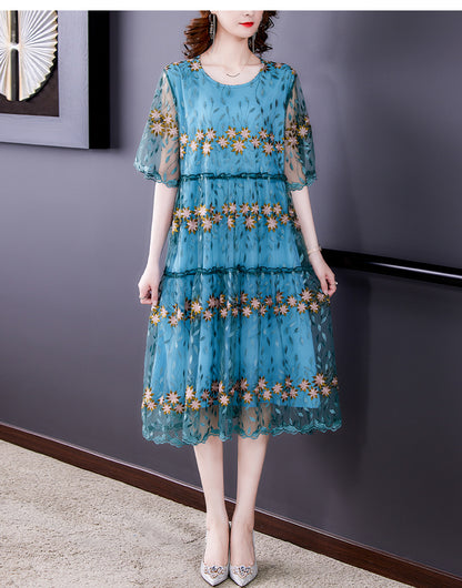 Women Blue Silk Embroidery Casual Long Dress Summer Boho Elegant Loose Luxury Dress 2024 Korean Fashion New Features of Dresses Mood Royal