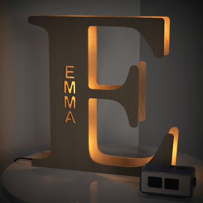 Personalized wooden letter "E" night light with EMMA engraved, warm glow, 19CM, custom name lamp