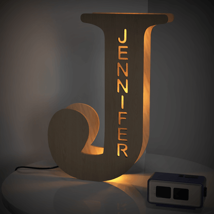 Personalized wooden letter "J" night light with engraved name "JENNIFER", warm glow, 19CM, custom name lamp.