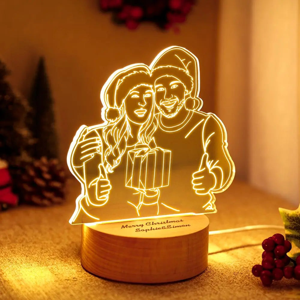 Custom 3D Photo Lamp with engraved couple, warm LED light, wood base. Personalized gift idea.