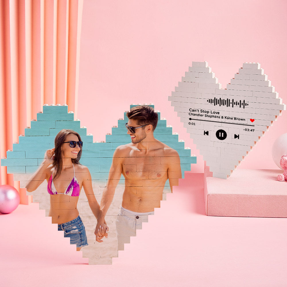 Heart-shaped PVC photo block puzzle with couple's image, beach scene, personalized DIY gift, vibrant colors.