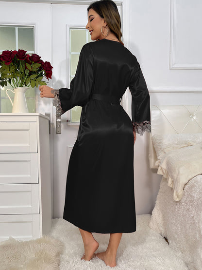 2cs Contrast Lace  Long Sleeve Belted Robe V Neck Slip Dress Sexy Elegant Women Pajamas  Sets Mood Royal