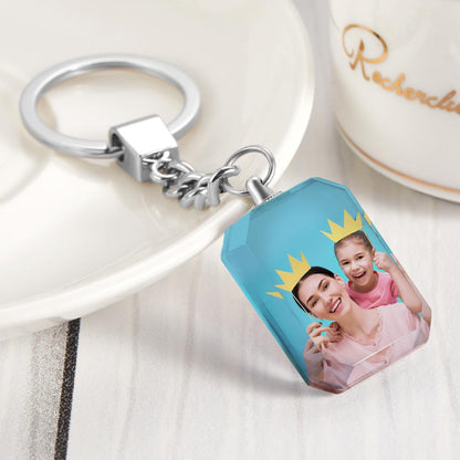 Custom crystal keychain with two photos, a perfect personalized gift.
