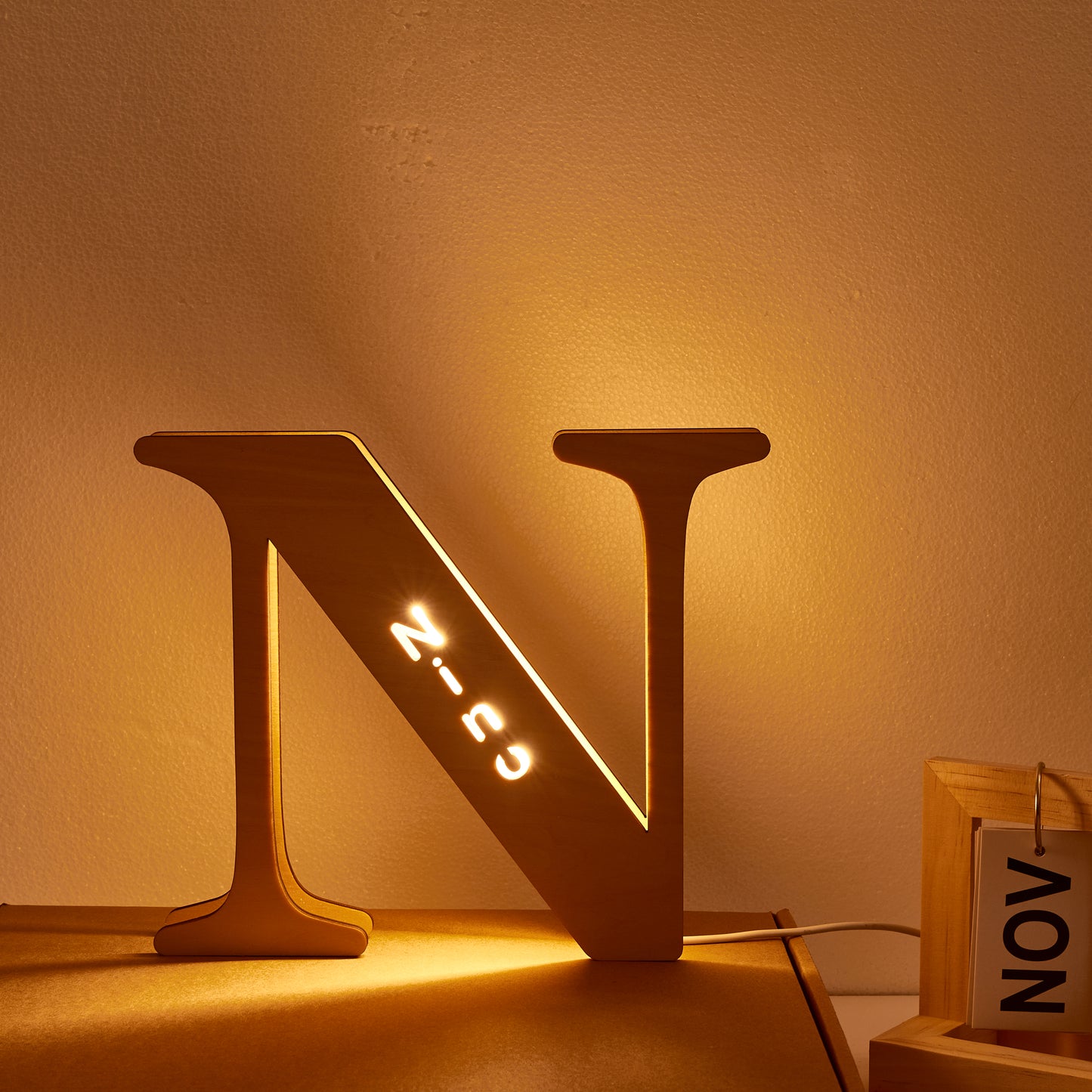 Personalized wooden letter "N" night light with custom engraved name and warm glow, 19CM.