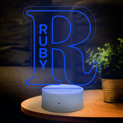 Custom 'R' LED Night Light with 'RUBY' name, acrylic lamp, USB powered, home decor gift.