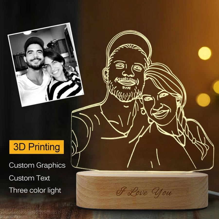 Custom photo 3D acrylic lamp night light with engraved wooden base. Personalized graphic, text, and 3-color light options.