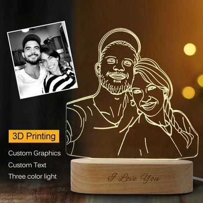 Custom photo 3D acrylic lamp night light with engraved wooden base. Personalized graphic, text, and 3-color light options.