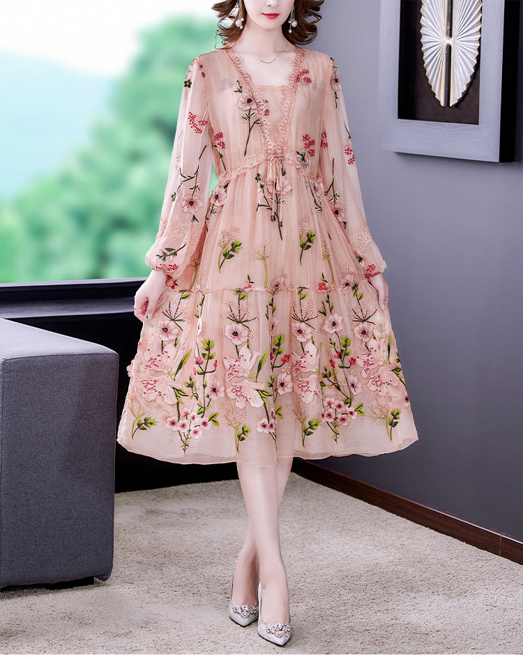 ZUOMAN New 2024 Fashion Runway Summer Dress Women's Flare Sleeve Floral Embroidery Elegant Mesh Hollow Out Midi Dresses Mood Royal