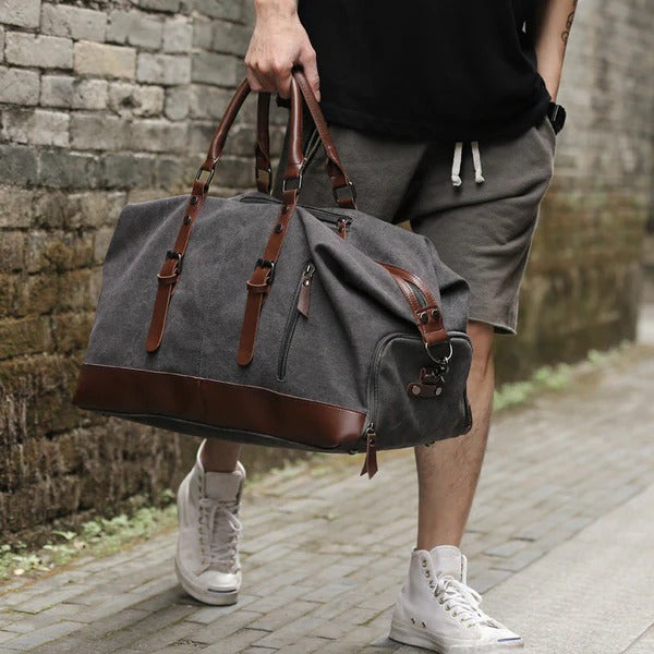 Rugen Waxed Canvas Weekender — Dark Oak Full-Grain Leather Mood Royal