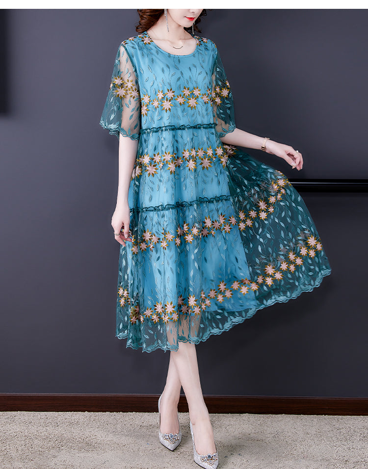 Women Blue Silk Embroidery Casual Long Dress Summer Boho Elegant Loose Luxury Dress 2024 Korean Fashion New Features of Dresses Mood Royal