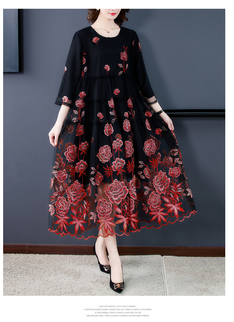 Chic Mesh Embroidered Dress 2024 Spring Autumn New Women's High-End A-Line Dress Flower Party Femme Vestidos y1421 Mood Royal