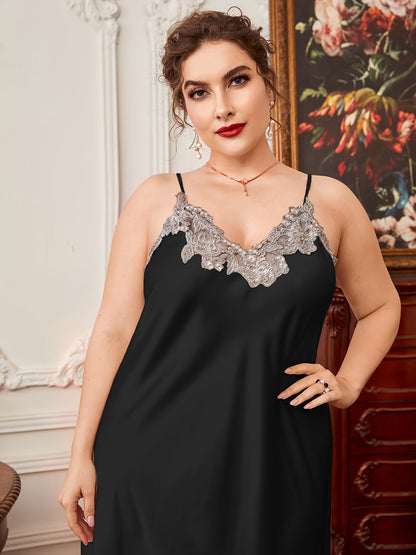 Satin Silk Lace Sleeveless V Neck Nightgown Plus Size Mood Royal