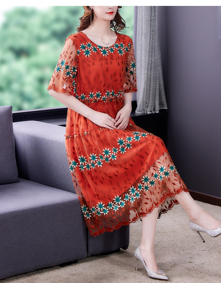 Women Blue Silk Embroidery Casual Long Dress Summer Boho Elegant Loose Luxury Dress 2024 Korean Fashion New Features of Dresses Mood Royal