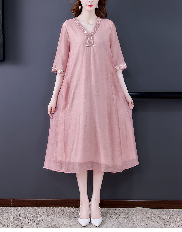 Embroidered Cotton And Tulle Dress With Three Quarter Sleeves Mood Royal