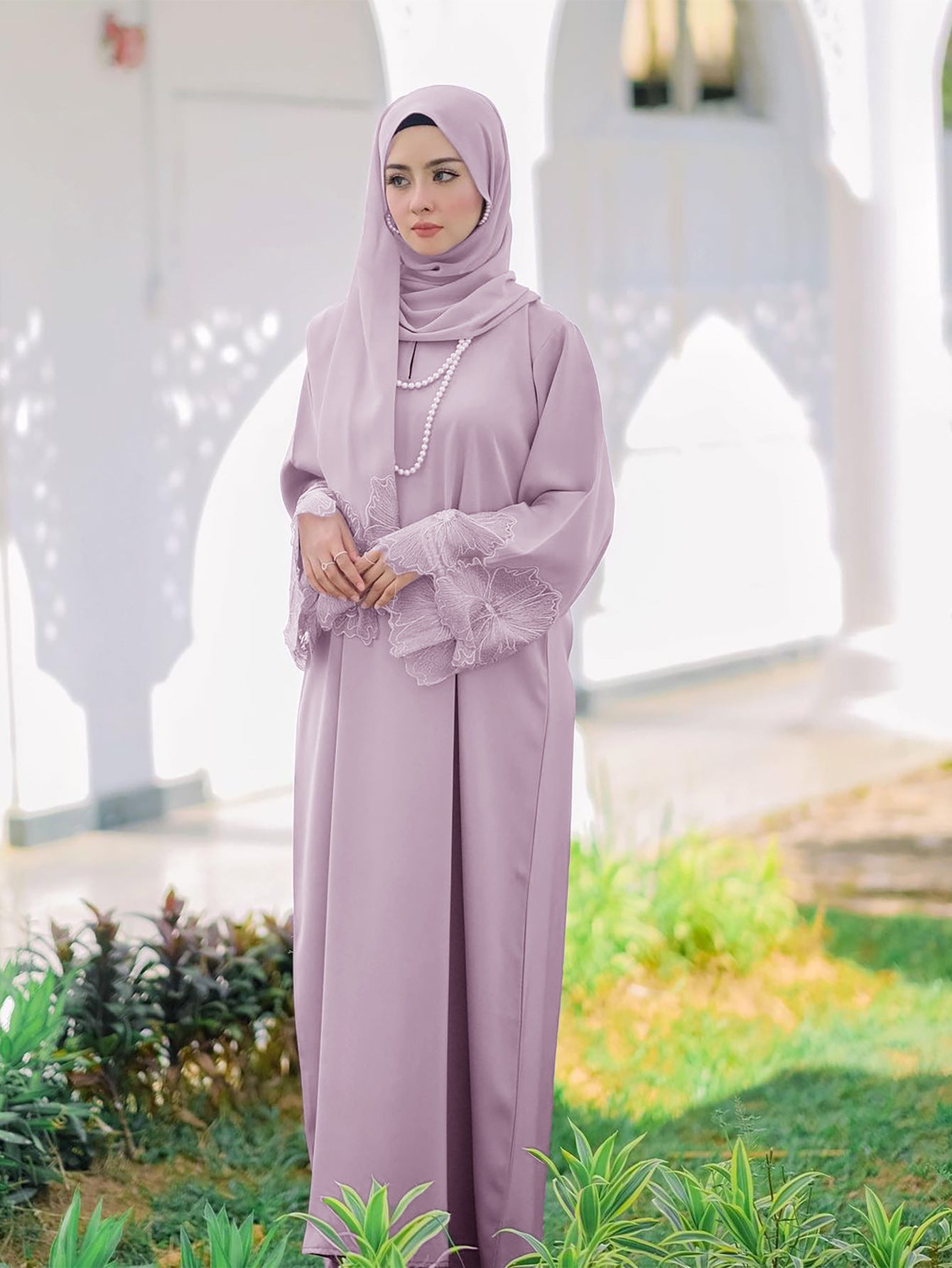 Lace Embroidery Sleeve Plain Abaya with Scarf My Store