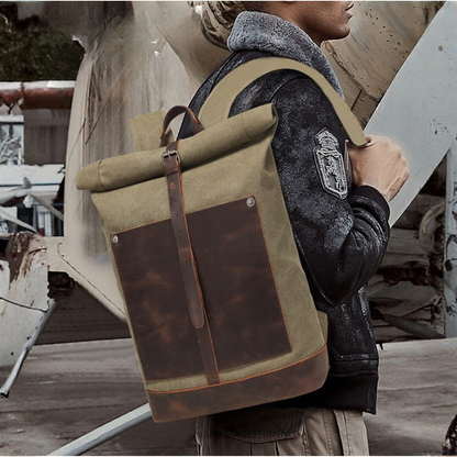 Backpack Men's Travel Computer Backpack Student Retro Travel Book Bag Oil Wax Canvas With Top Leather Mood Royal